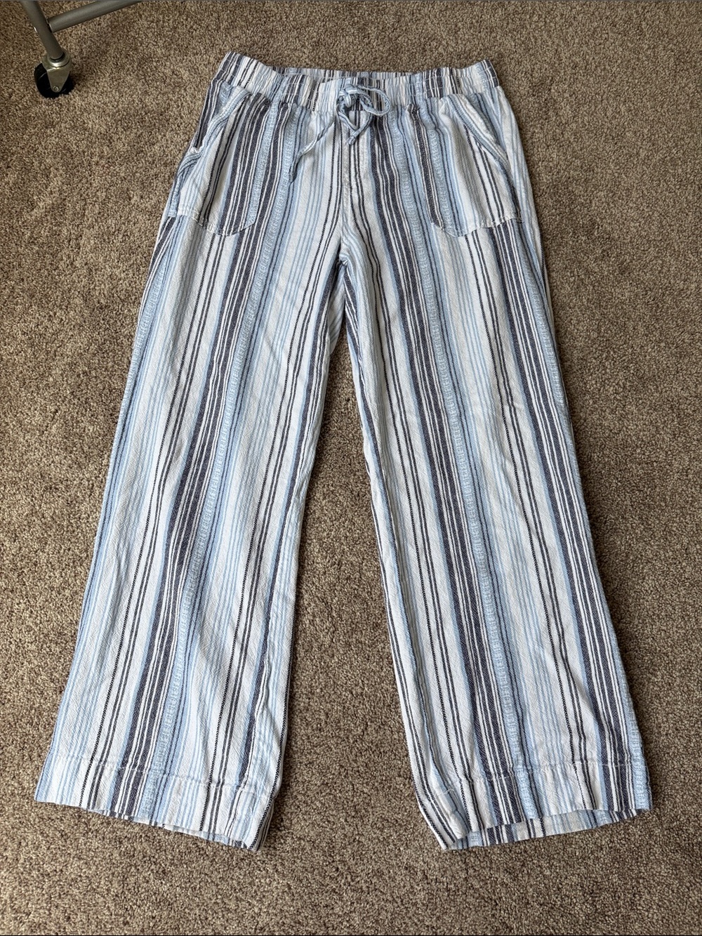Women’s Striped Drawstring Linen-Blend Pants — White & Blue